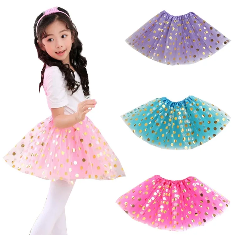 Sparkling Kids Girls Mesh Skirt with Gold Polka Dots Princess Dance Costume for Performances Stage Party Tulle Skirt 3-8 Year