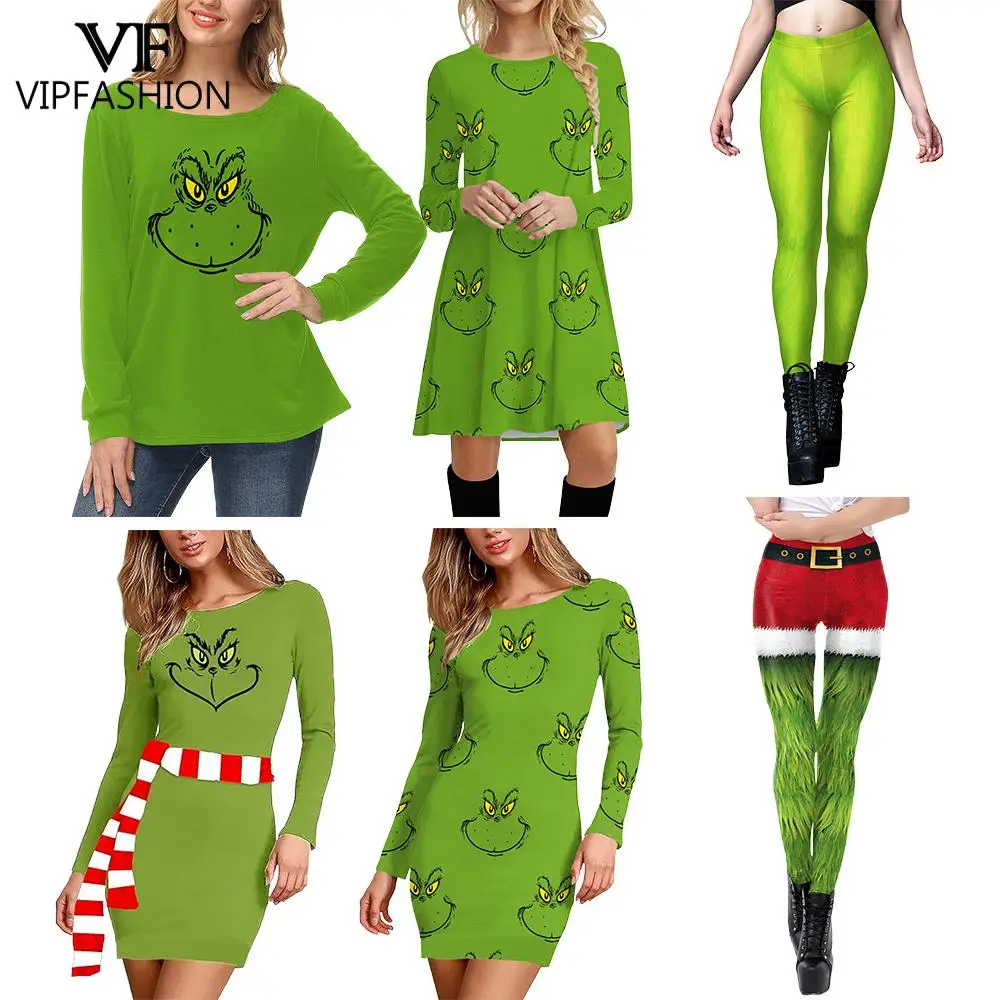 Moda vip feliz natal vestido para mulheres cabelo verde monstro impressão leggings fantasia cosplay traje vestido de festa manga longa topo