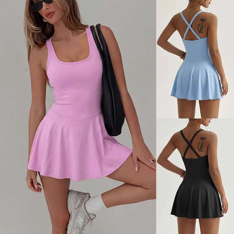 Ladies Sleeveless Solid Tennis Dress Cross Backless Slim Skirt with Short Ladies Elastic Moisture Wicking Yoga Sports Dress