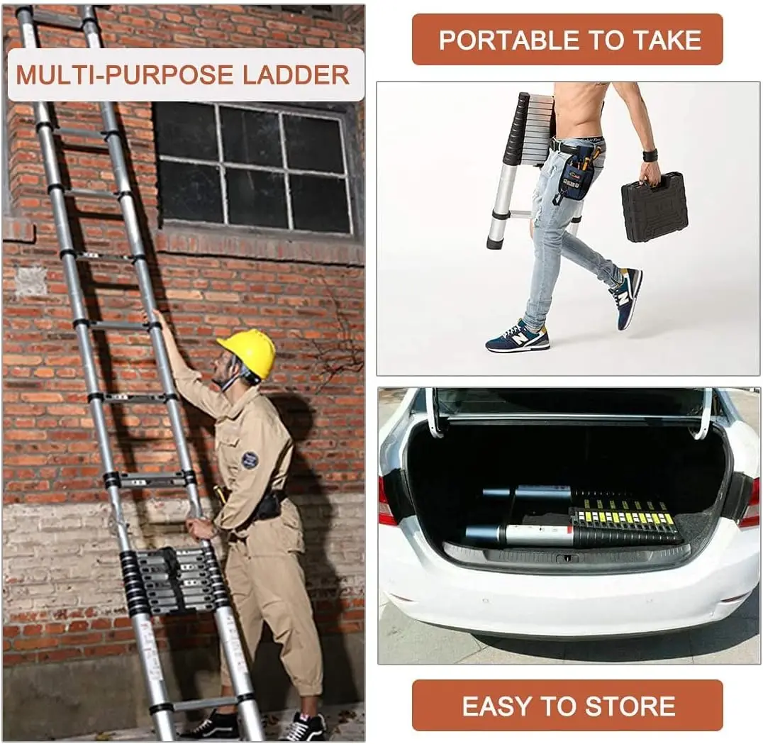 3.8M Telescopic Ladder 12.5FT Multi-Purpose Stainless Steel Telescoping Ladder Extendable Portable Sturdy Loft Ladder with EN131