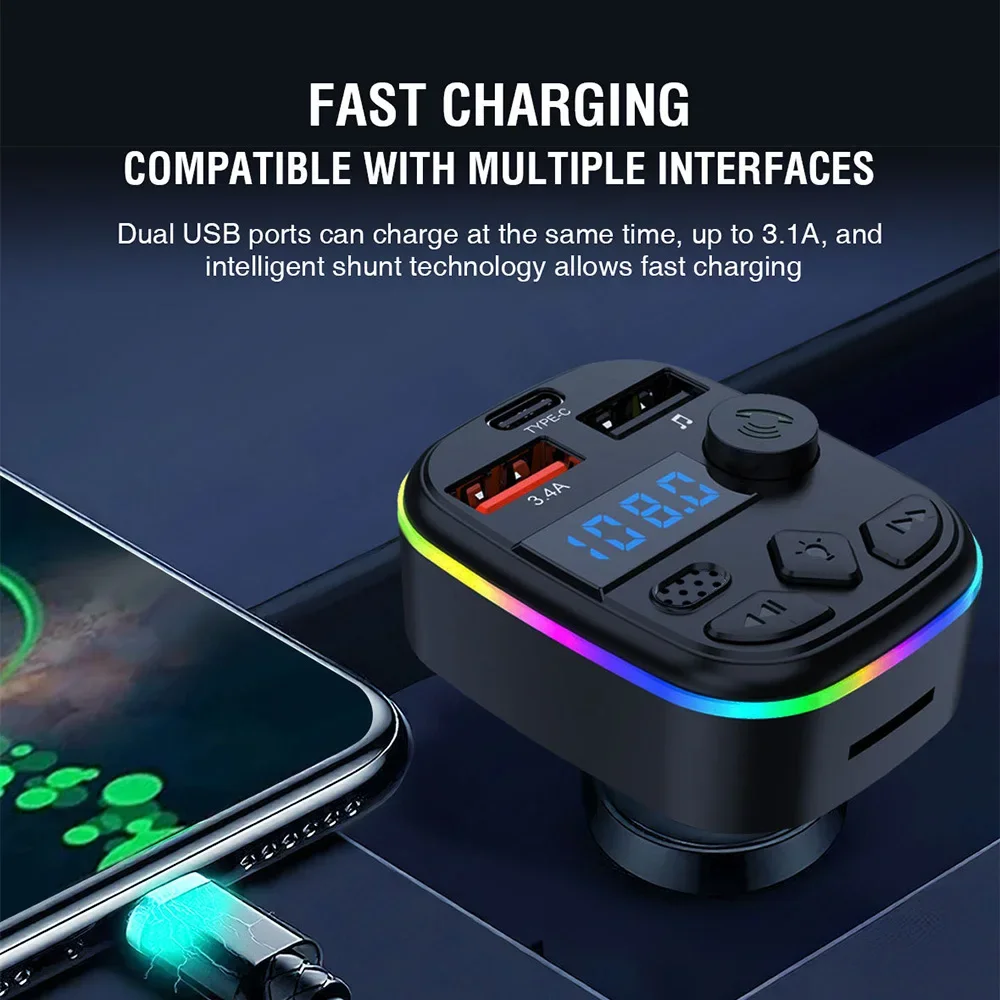 Car Charger Bluetooth 5.3 FM Transmitter PD Type-C Dual USB 3.4A Colorful Ambient Light Handsfree MP3 Modulator Player U Disk