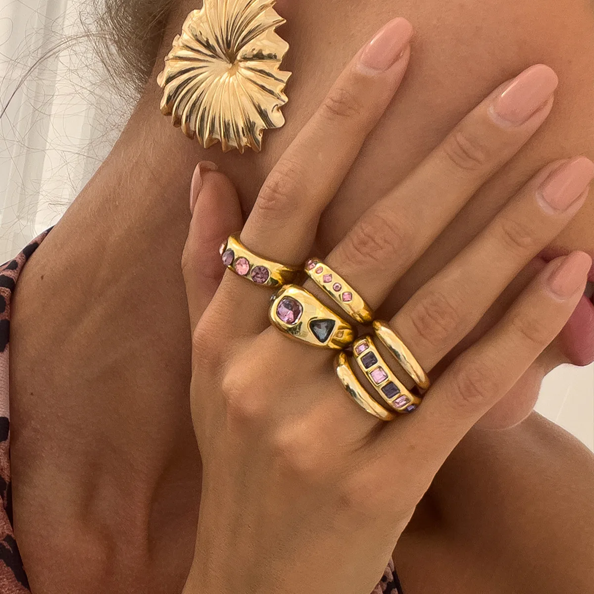 Gold Ring Set For Woman Fashion Rhinestone Alloy Ring Adjustable Wide Ring Irregular Aesthetic Jewelry Gift For Special Occasion