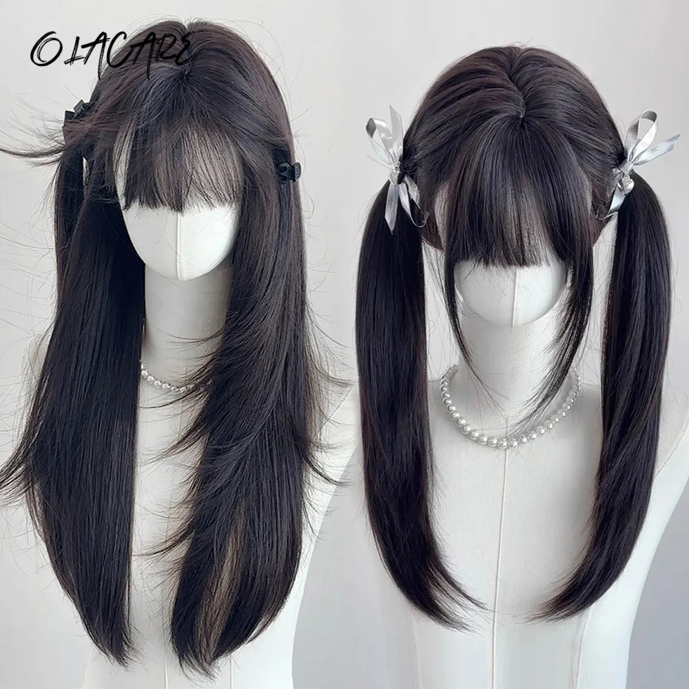 

24Inch Synthetic Straight Blonde Blonde Bangs Wig Layered Fiber Heat-Resistant Party Selfie LM Wig For Women Daily Use