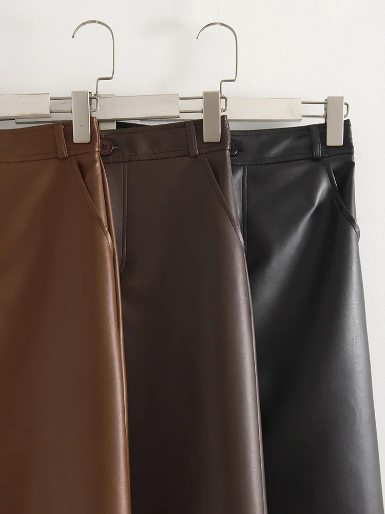 Long Leather Skirts For Women Brown High Quality PU Midi Bodycon Skirt Front Split High Waist Women's Leather Skirt Black Midi