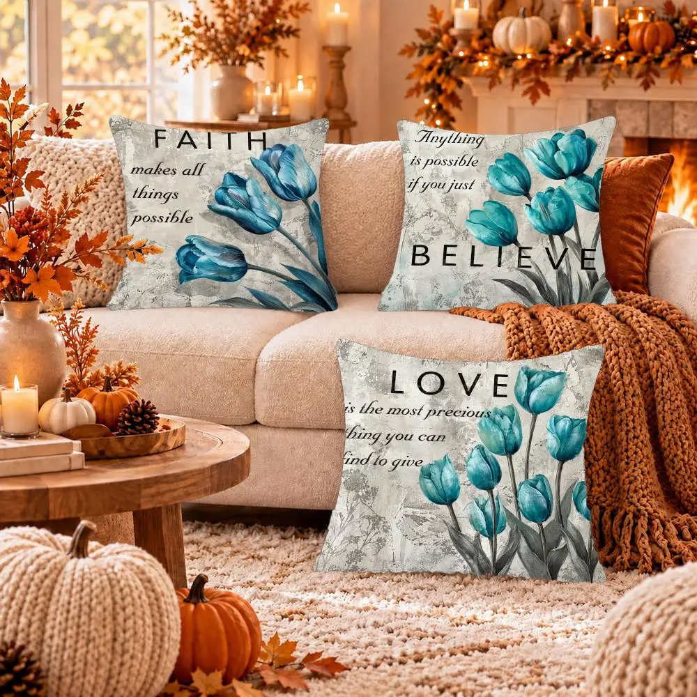 Turquoise Tulip Blessings Cushion Cover Soft Short Plush Pillow Cover Smooth Cozy Texture Cushion Case Home Decor