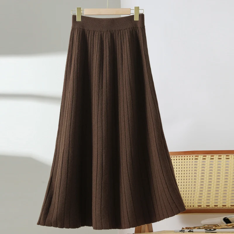 100% Merino Wool Long Thickened Pleated Knitwear Skirt Women's Autumn Winter Gentle Lady Preppy Chic Grace Style Wool Skirt