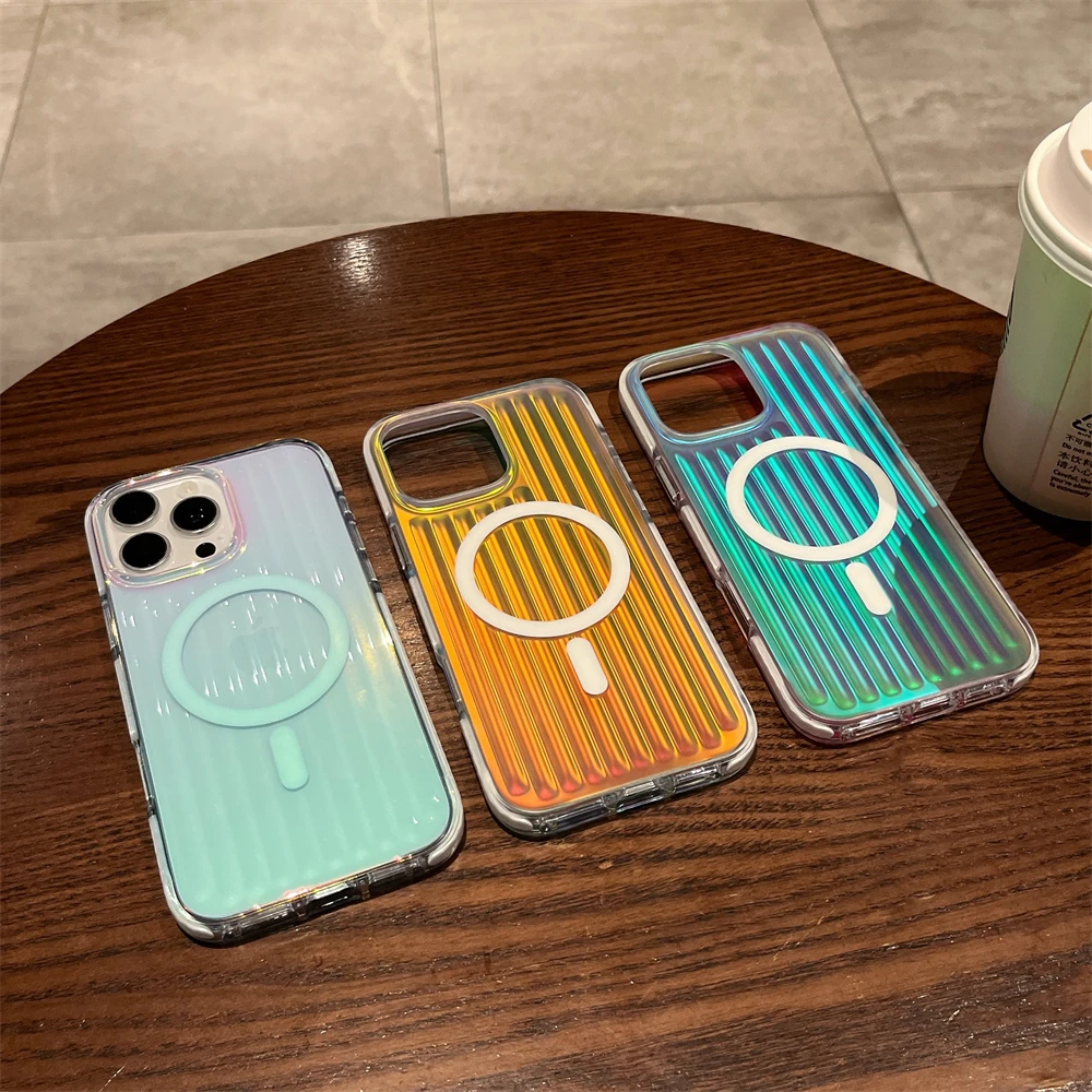 Luxuriöse Magsafe-Handyhülle mit Farbverlauf und Streifen für iPhone 17, 16, 15, 14, Pro Max Plus, magnetische kabellose Aufladung, stoßfeste Abdeckung