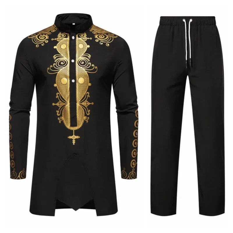 African golden printing Muslim shirt set mens fashion stand collar clothes African dresses top pant suit man casual costume