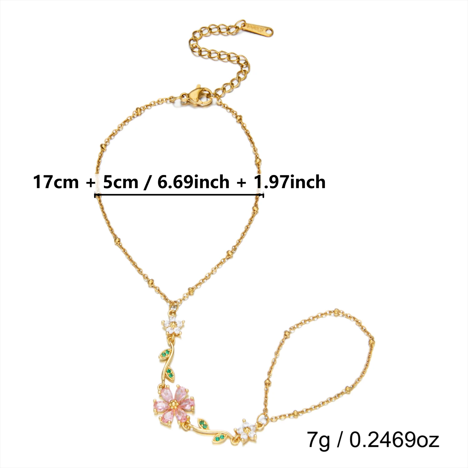 Rosa Zirkonia Edelstahl Fingerkette Armband für Damen, vergoldet, CZ Blumen Handkette, Party Hochzeit Schmuck Geschenk – Detail 3
