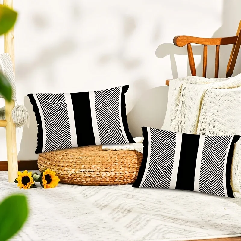 1pc Black White Geometric Herringbone Ruffle Edge Printed Lumbar Pillow Cover, Suitable for Sofa, Bedroom, Living Room, Study