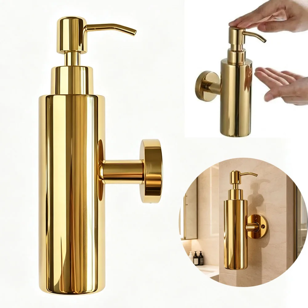 Mirror Gold Brass Soap Dispenser Wall Mounted Liquid Pump Steel Round Bathroom Push Hand Soap Holder Dispenser Morder Lotion Pum
