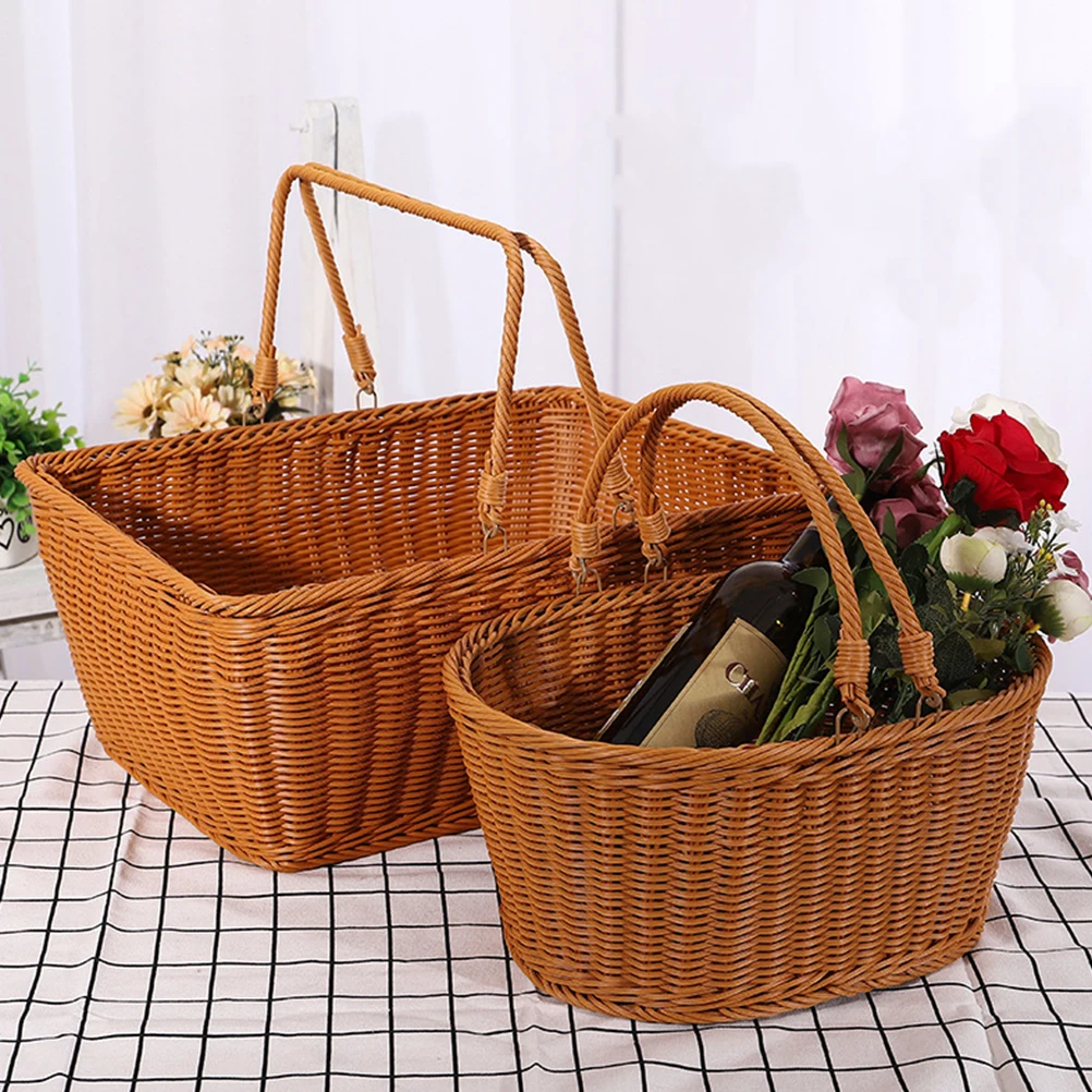 

Handle Woven Shopping Basket Dining Room Table Decor Storage Garden Gathering Snack