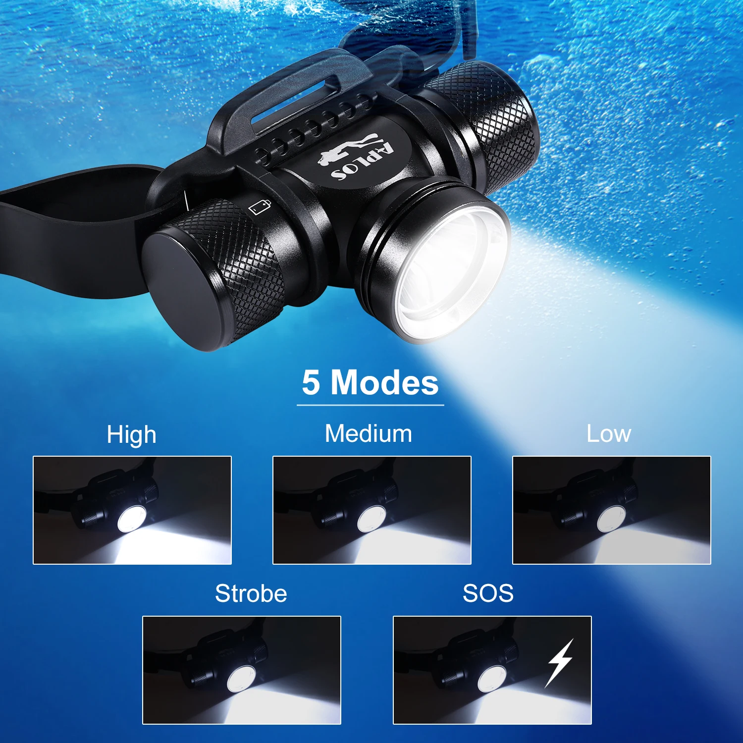 APLOS H900 LED Diving Headlamp 60 Meters Underwater Headlight 3000LM 5 Light Modes IPX8 Waterproof Dive HeadLight 21700 Light