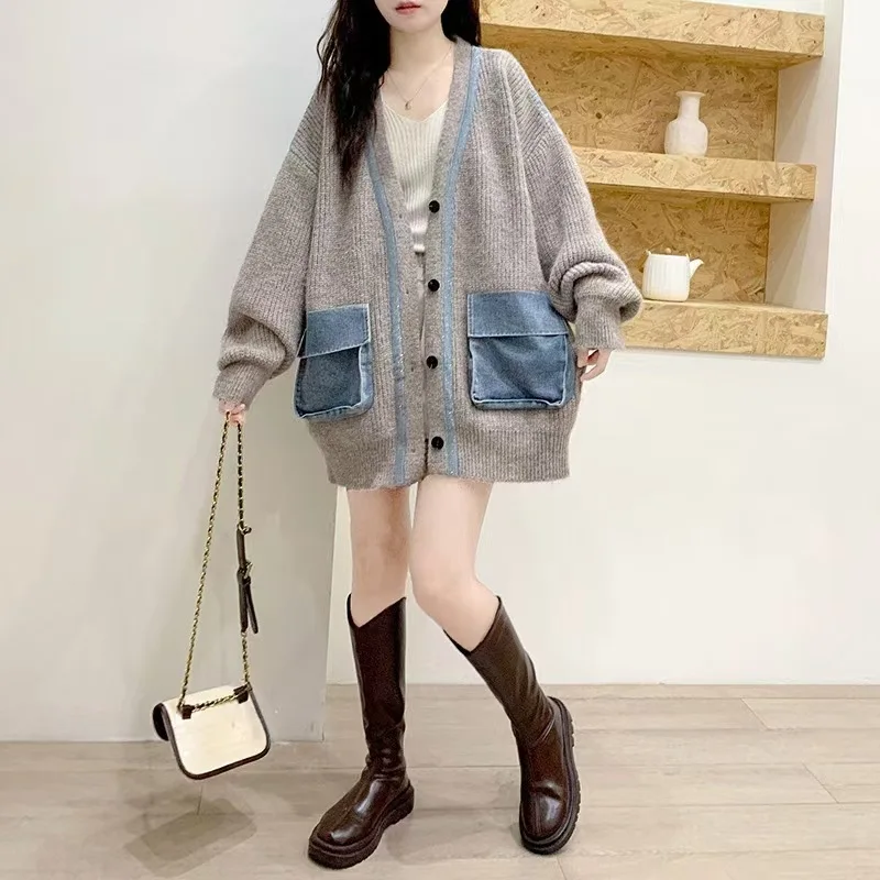 Womem Knitted Cardigan Coats Sweaters Full Sleeve V Neck Casual Loose Elegant Splice Denim Open Stitch Autumn Winter 2024