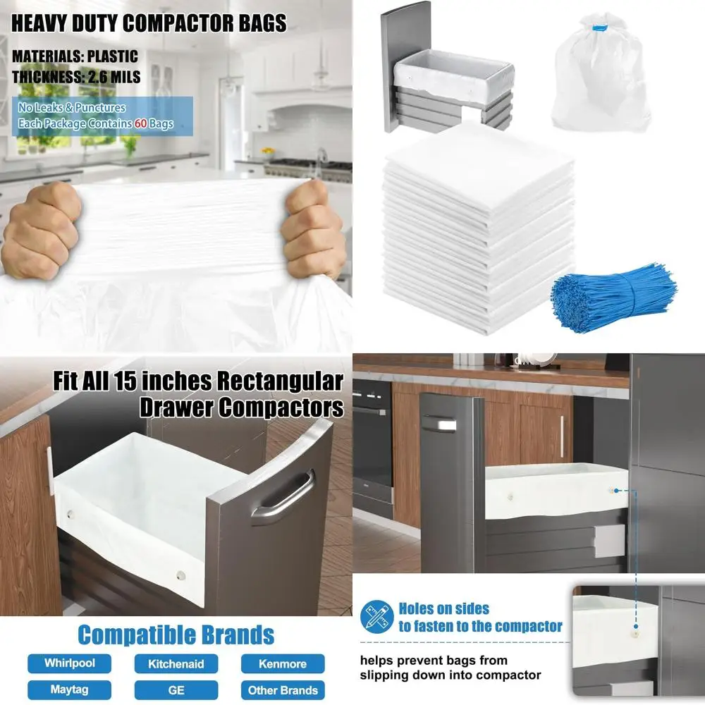 

Усиленные мешки для мусора (60 шт.) для 15 прямоугольных компакторов, с предварительно просверленными отверстиями, на завязках, белые