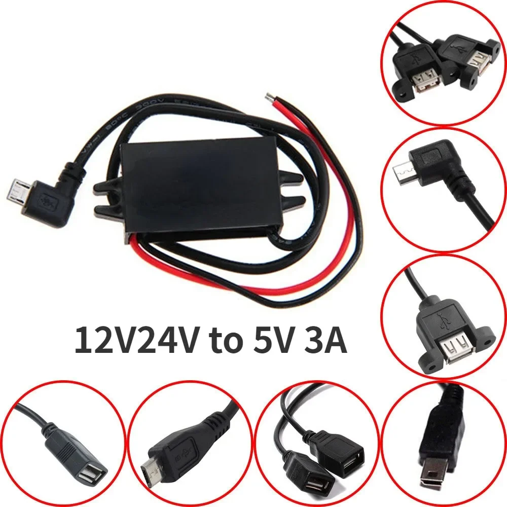 

12V24V to 5V 3A 15W Step Down Buck Converter Car Male Female USB DC DC Power Supply Module for Mini USB Micro USB Adapter