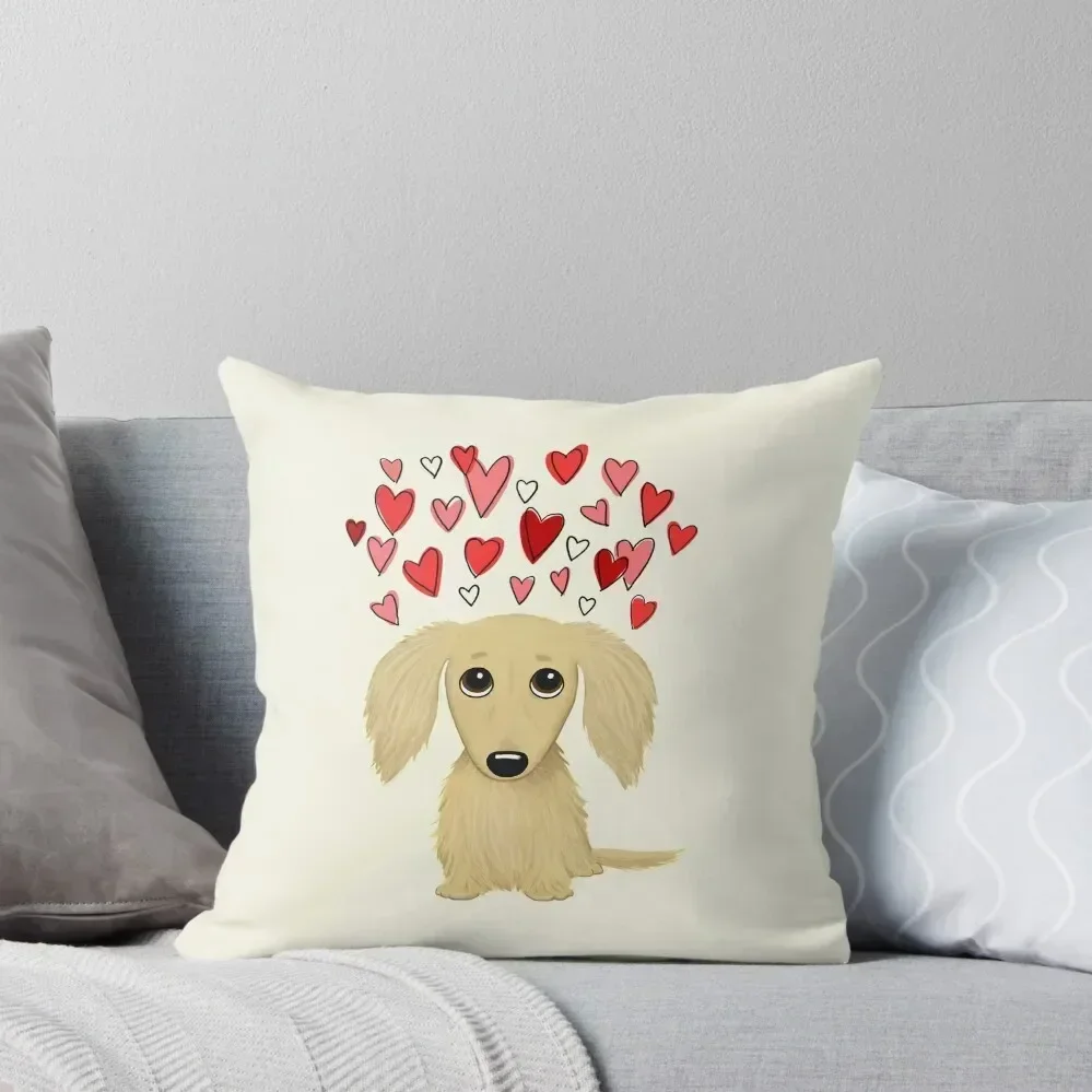 Longhaired Cream Dachshund with Hearts Throw Throw Pillow Pillowcases Bed Cushions Pillowcase pillow