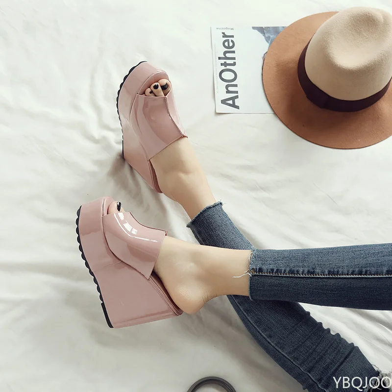 Summer Concise Leather Peep Toe Wedges Slippers Sandals Women 12 CM High Heels Female Platform Shoes