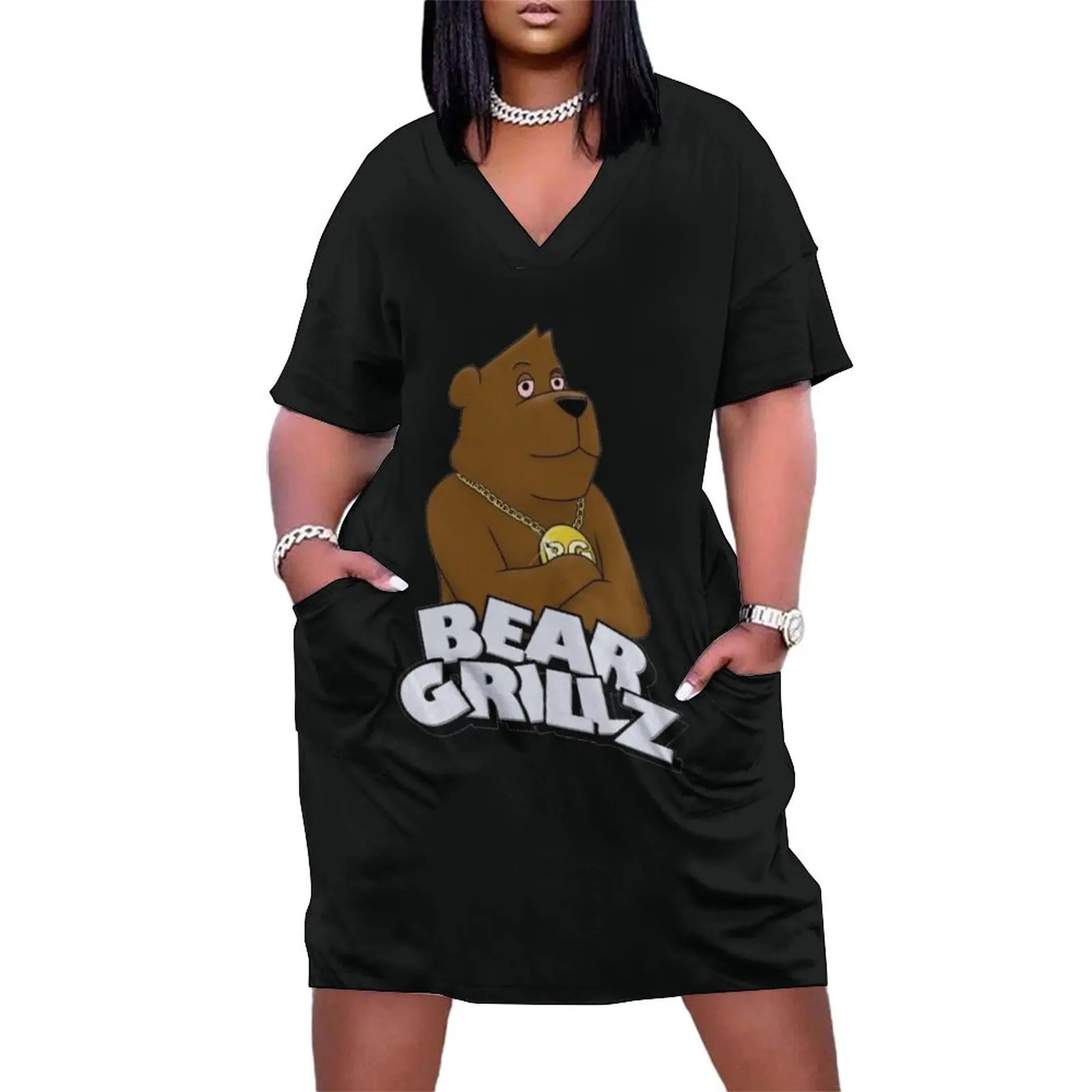 

Bear Grill merch logo on rave clothing and music festival accessories Loose Pocket Dress Long dresses