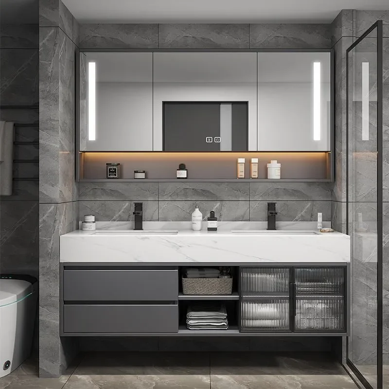for Light Luxury Rock Slab Integrated Bathroom Cabinet Solid Wood Double Basin Vanity Unit Washbasin Sink Combo