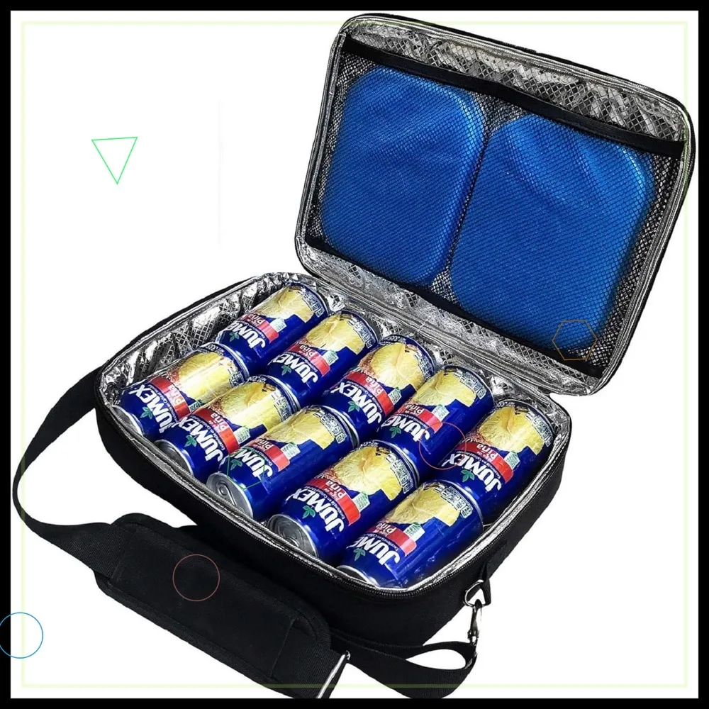 

Ultra Thin Insulated Slim Cooler Lunch Bag Fits 10 Cans, 2 Reusable Ice Packs Included, Small Golf Cart Bag for Beer (Black)