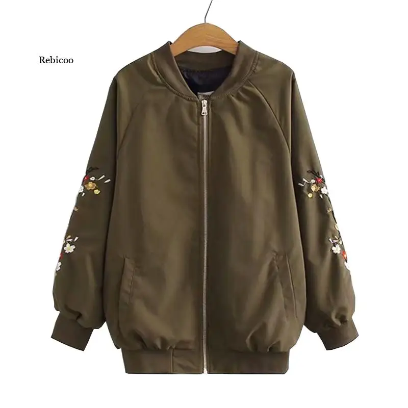 

Flower Embroidered Bomber Jacket Women Spring Autumn Zipper Baseball Uniform Coats Baggy Jackets Female Windbreaker