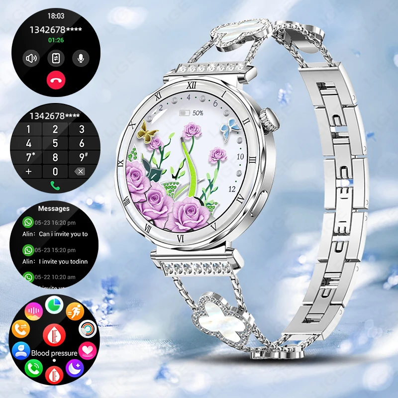 

LIGE Роскошные умные часы с AMOLED-экраном 1,19 дюйма, женский монитор здоровья, женские наручные часы с Bluetooth-вызовом, водонепроницаемые женские умные часы