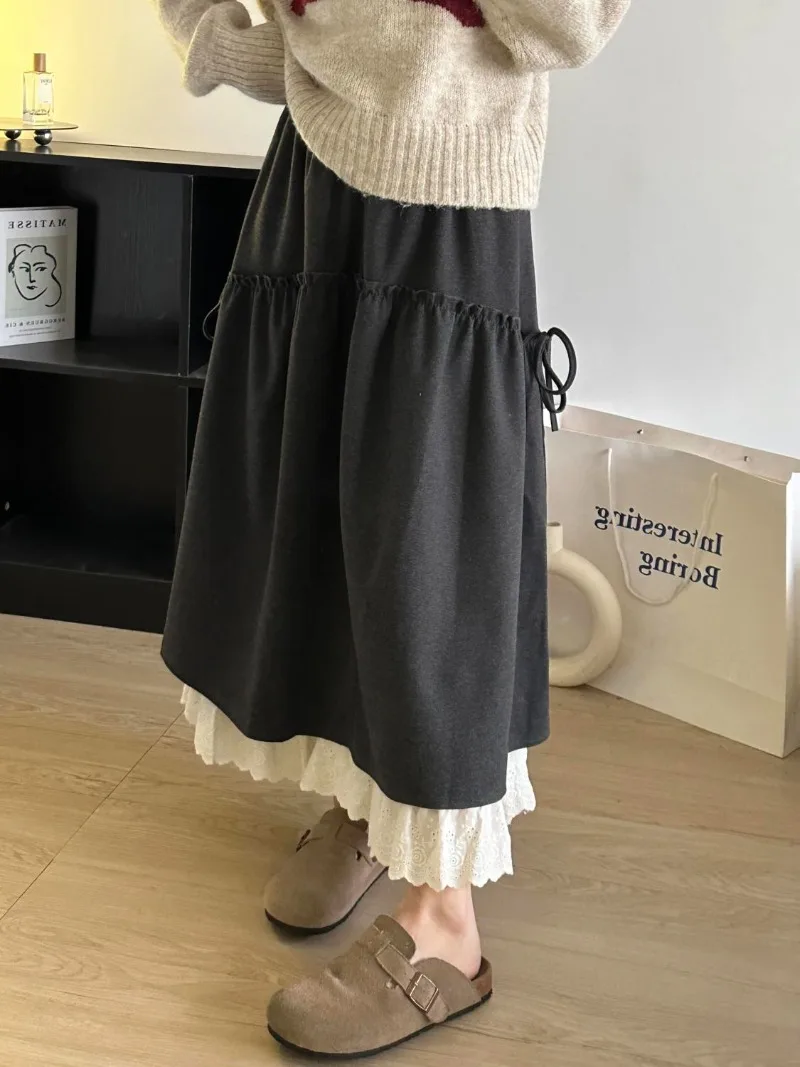 

Sweet High Waist Elastic Waist Ruffle Hem Splice A-Line Long Skirt Women's Spring Summer New Slim Fit Skirt Patchwork 2025