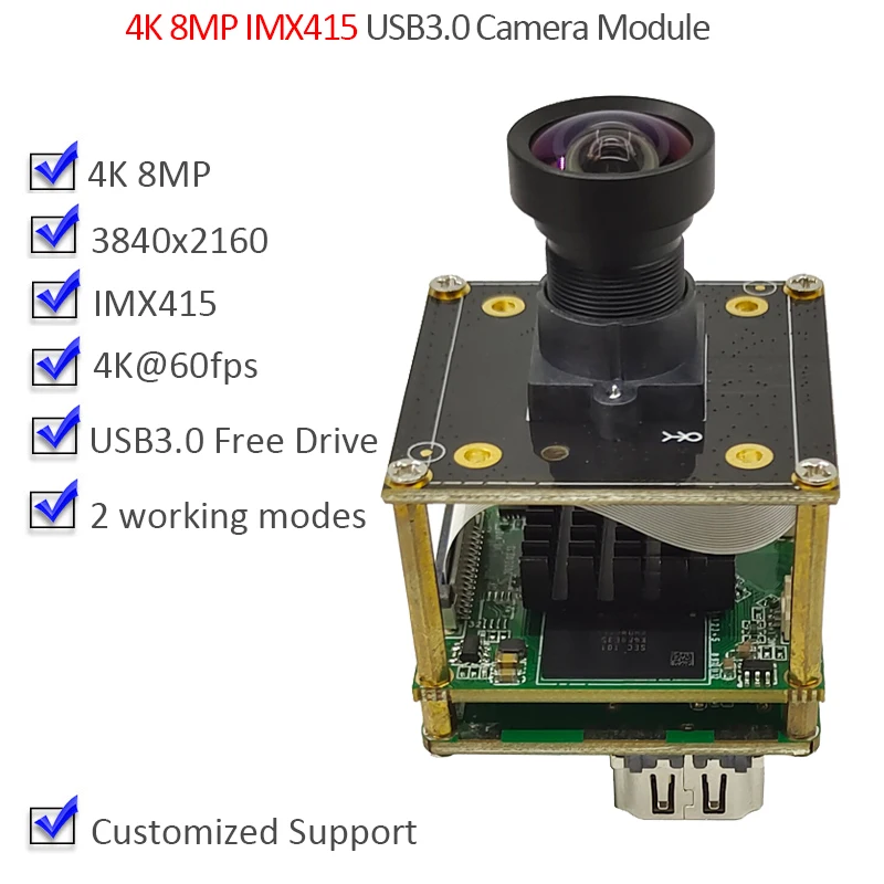 

4K 8MP IMX415 USB3.0 Camera Module 3840*2160 60FPS No-Distortion FF Free Drive Type-c Face Recognition H.264 MJPG, YUY
