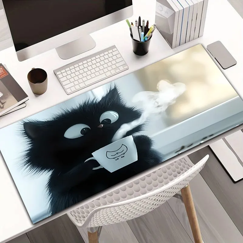 1pc Diatomite Material Extra-Large Gaming Mouse Pad with Cat Drinking Coffee Design - Non-Slip Rubber Base, Ideal for Gamers|Office|School|Esports|Home Decor
