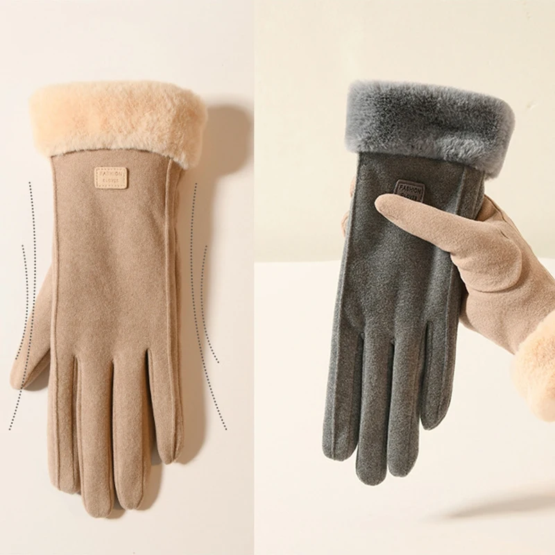 Guantes de felpa gruesos de invierno para mujer, Guantes de gamuza cálidos a la moda para exteriores, Guantes para conducir con pantalla táctil, manoplas deportivas para ciclismo