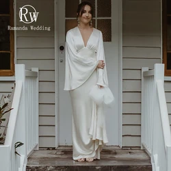 Ramanda Simple Long Flare Sleeves Satin Wedding Dress Women Gorgeous V-Neck Backless Train Bridal Gown Robe De Mariee Customized