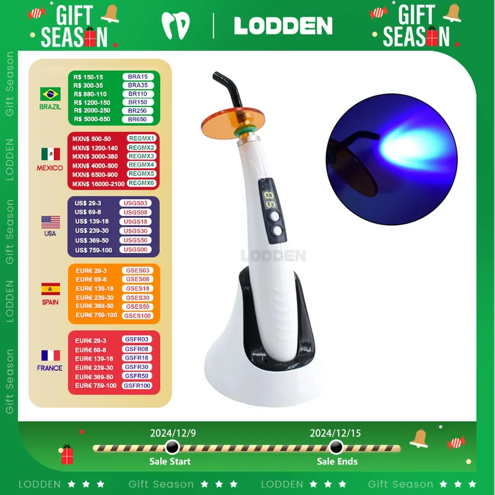 LODDEN Dental Handheld Wireless Curing Light B Style 5S Curing Dentist Cordless LED Lamp Output Intensity 1200w/cm²