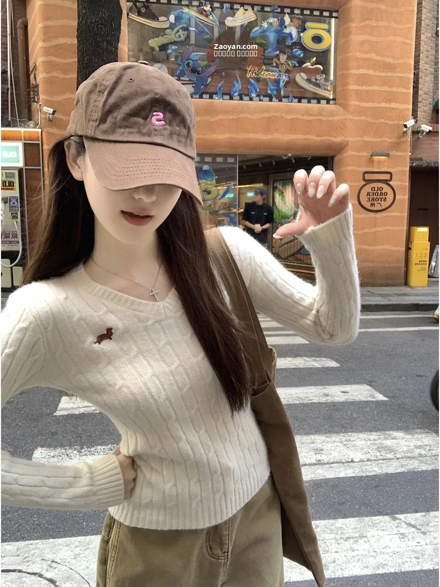 Maglione ricamato coreano Sle V-Ne da donna Autunno Inverno Slim Fit Morbido e accogliente Top lavorato a maglia Faion Design Pendolarismo Sle