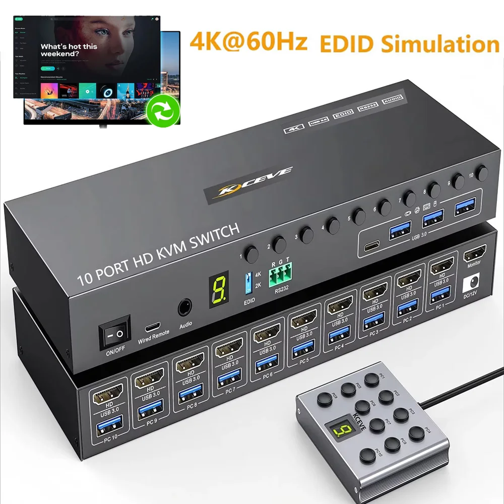 

2/10-портовый 8-портовый KVM-переключатель 4K при 60 Гц, имитация EDID, KVM-переключатель KCEVE USB 3.0 для 10 компьютеров, 1 монитор + 4 USB-устройства