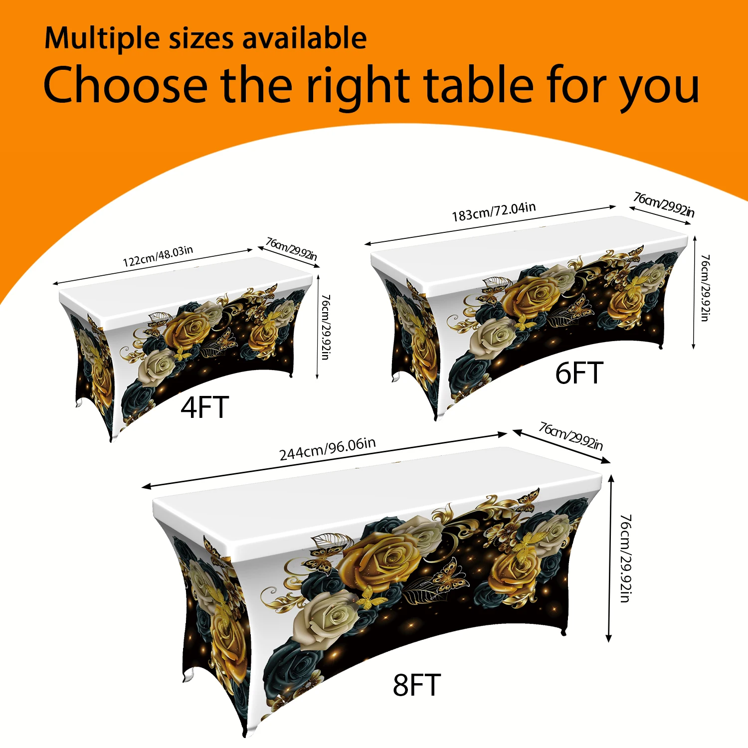 1PC Luxurious Golden Rose & Butterfly Digital Printed Fitted Tablecloth, 4/6/8FT Stretchable Rectangular Table