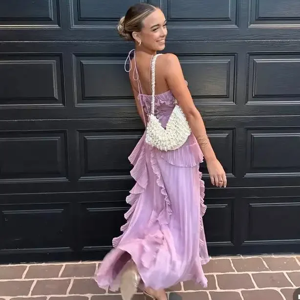 Fioletowe sukienki na studniówkę typu halter, linia A, z falbanami, warstwowe, bez pleców, sukienki imprezowe, letnie, nowe, wakacyjne, szyfonowe, długie suknie wieczorowe 2025