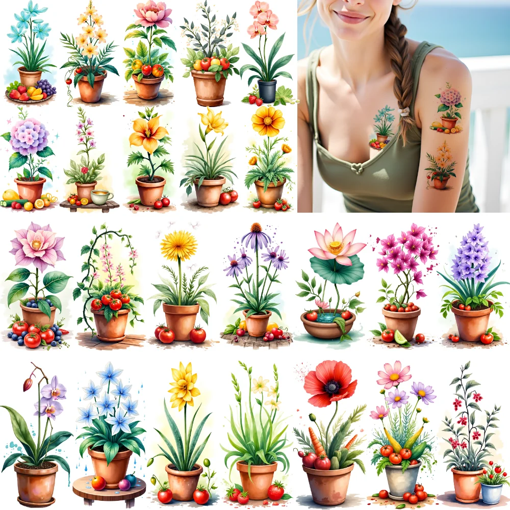 

9pcs Potted Flower Fake Tattoo Women Rose Lily Temporary Tattoo Waterproof Aesthetic Floral Body Art Arm Tattoo Stickers