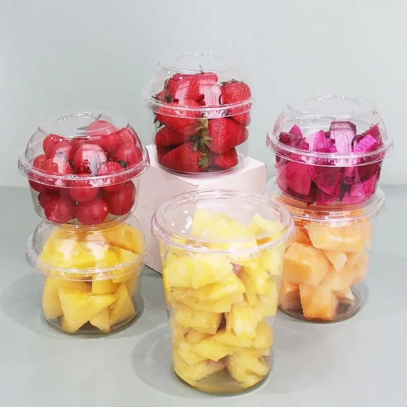 100 Sets Disposable Fruit Salad Bowl with Lid Juice Yogurt Ice Cream Sundae Cups Round Fruit Dessert Transparent Plastic Cup