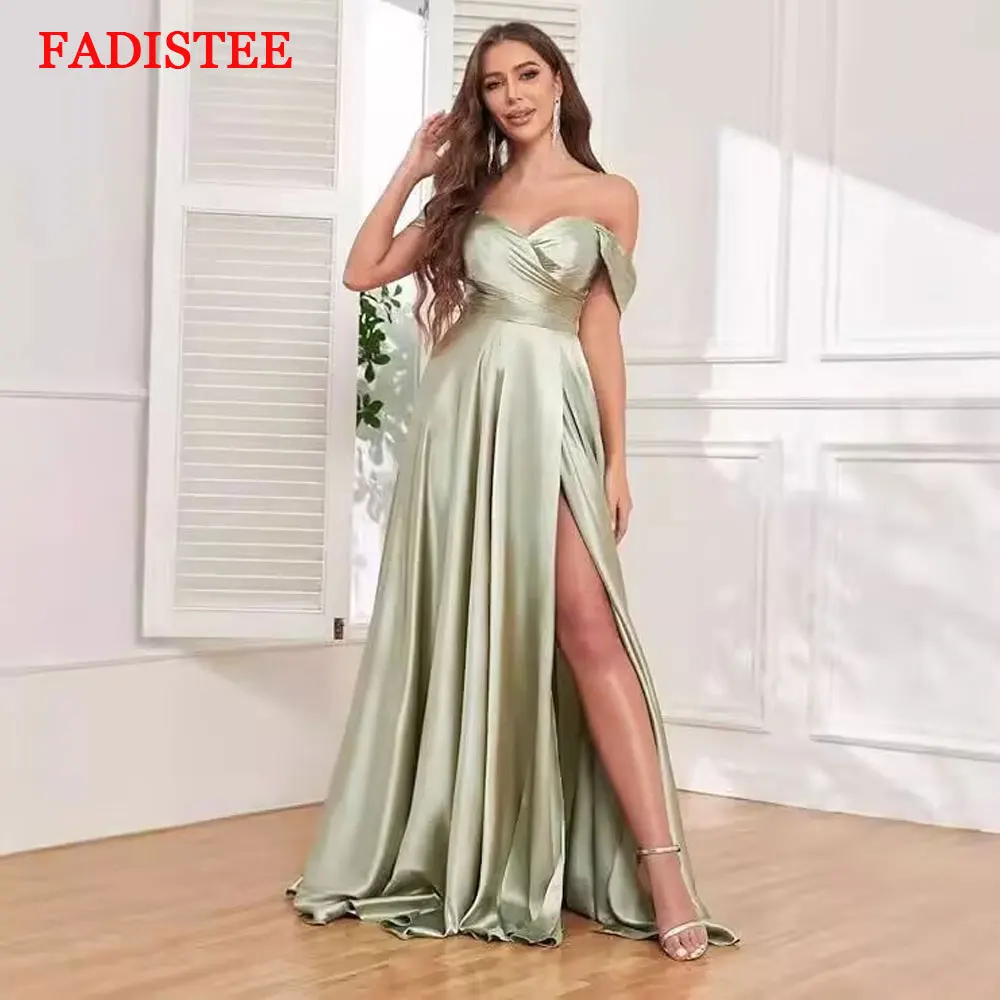 

Customized A-line Formal Evening Dresses With Slit Long Luxury Party Prom Dress Off The Shoulder Pleats Bridesmaid Dresses