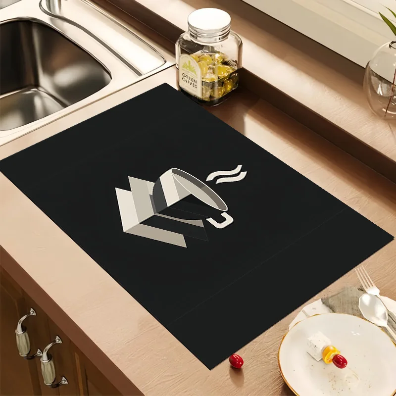 Minimalist Coffee Print Dish Drying Mat Absorbent Quick Dry Washable Pad For Kitchen Counter Coffee Bar Home Use