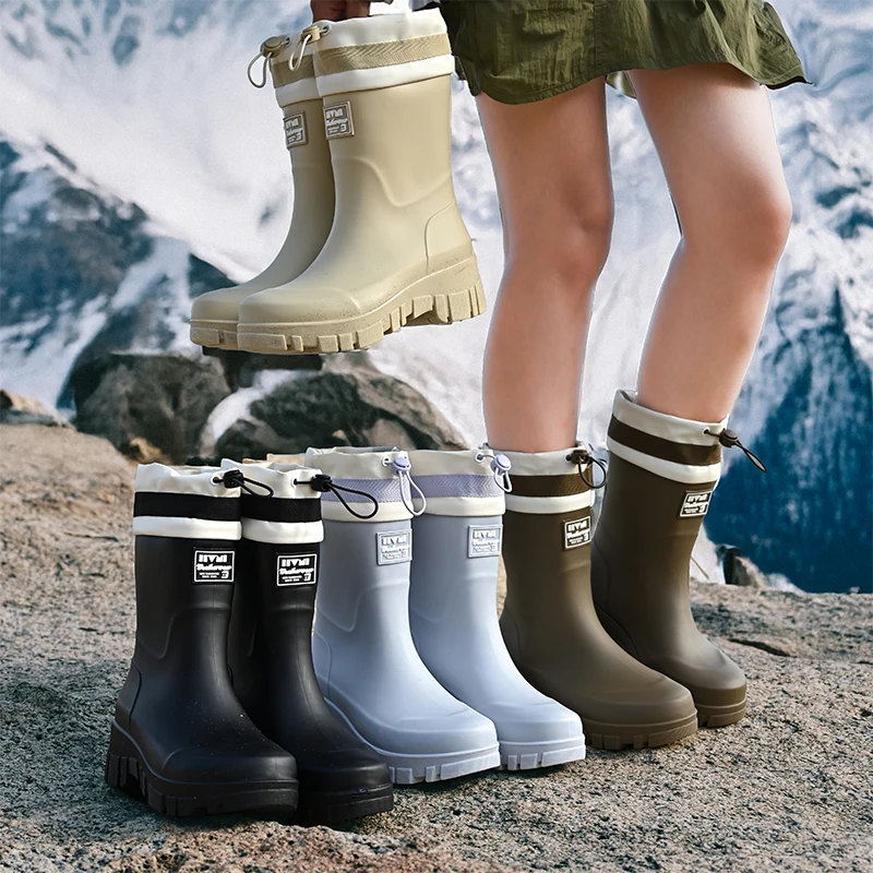 Moda estilo coreano botas de chuva femininas meia alta comprimento lã forrado quente versátil à prova dwaterproof água sapatos ao ar livre de couro