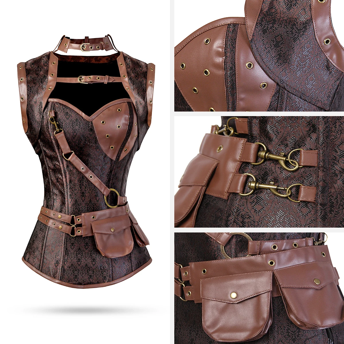 Steampunk Corset Dresses for Women Burlesque Viking Pirate Costume Halloween Cosplay Plus Size Faux Leather Corset Dress Brown