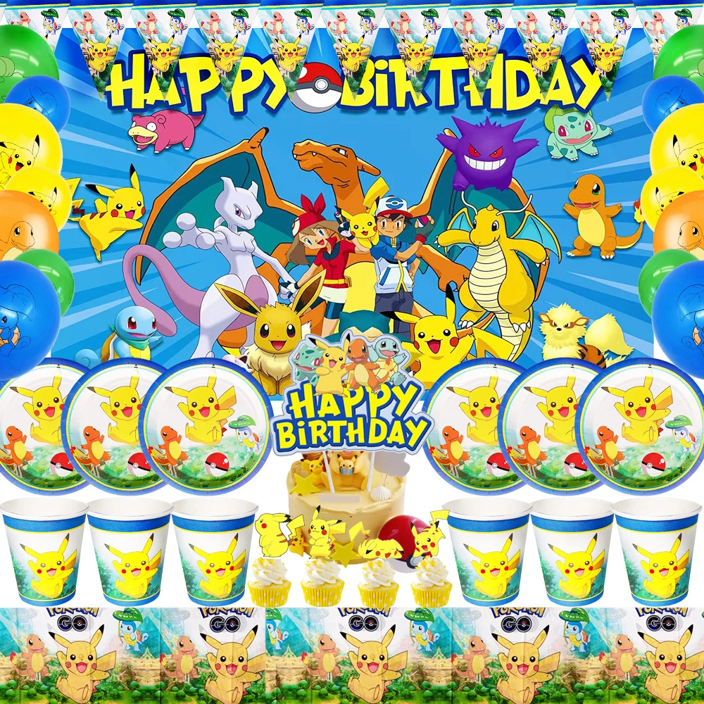 

Anime Pokemon Pikachu Paper Tableware Party Accessories Supplies Plate Cup Napkins Children's Holiday Birthday Party Decorations