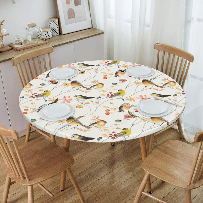 Elastic Edged Round Bird Fitted Table Cloth Cover Home Decorative Tablecloth for Indoor Outdoor Kitchen Party