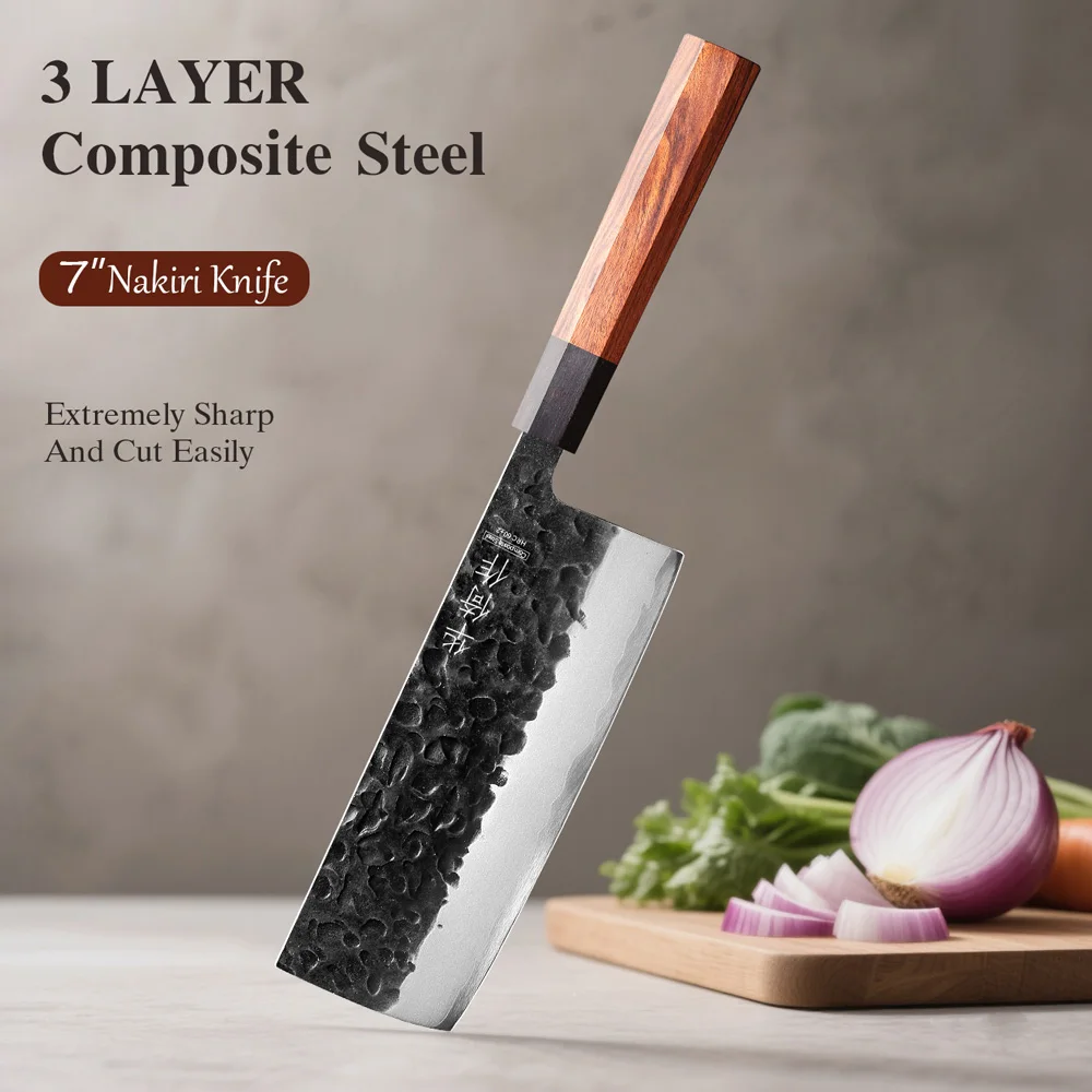 

7-дюймовый японский нож Накири, трехслойный композитный стальной профессиональный нож шеф-повара, нож для нарезки, кухонные ножи ручной работы