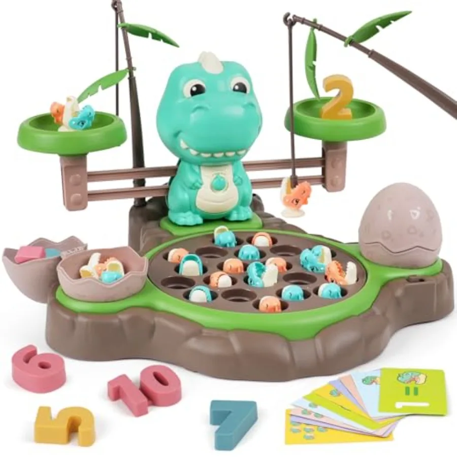 Magnetic Dinosaur Fishing Game for,Best Birthday Gift for 3-5 5-7 Year Old Boys and Girls, 2-in-1 360° Rotation Fishing Toy wit