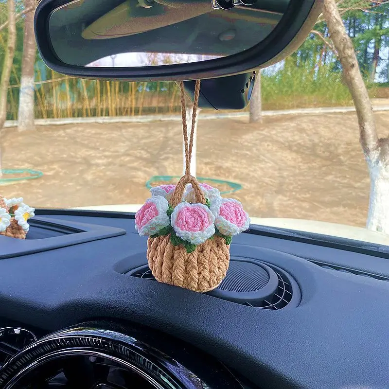 Car Folwer Crochet Hanging Basket Hang Rose Sunflower Daisy Car Ornament Rear View Mirror Accessories Decor