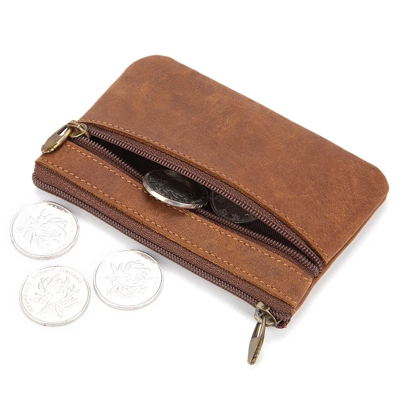 Men\'s Classic Small Purse Pock Genuine Leather Zipper Zero Wallet Creative Korean Crazy Horse Cowhide Coin Car Key Bus Card Bag