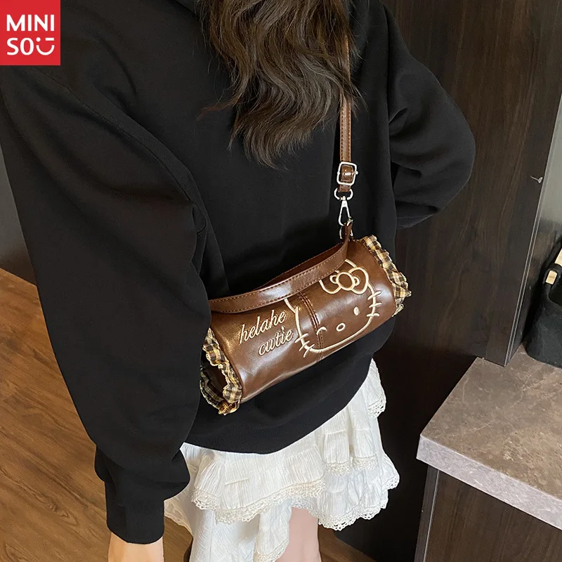 Miniso Embroidered Hello Kitty Handbag, Vintage Lace Trim Crossbody Shoulder Bag for Women